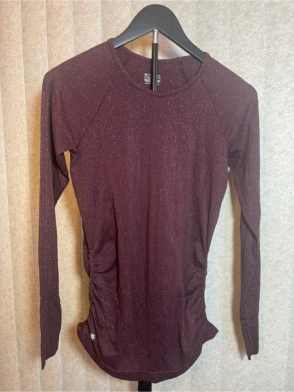 Athleta Burgundy Shimmer Ruched Thumbhole Performance Top Small